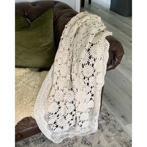 Crochet Cream table cover blanket cloth table vintage floral boho home decor